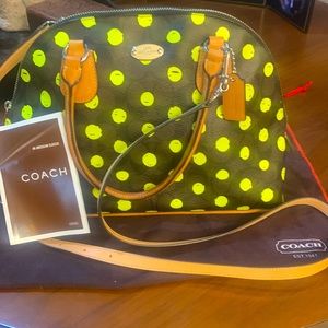 Coach satchel brown leather with tan handles and addl long strap,fun polka dots